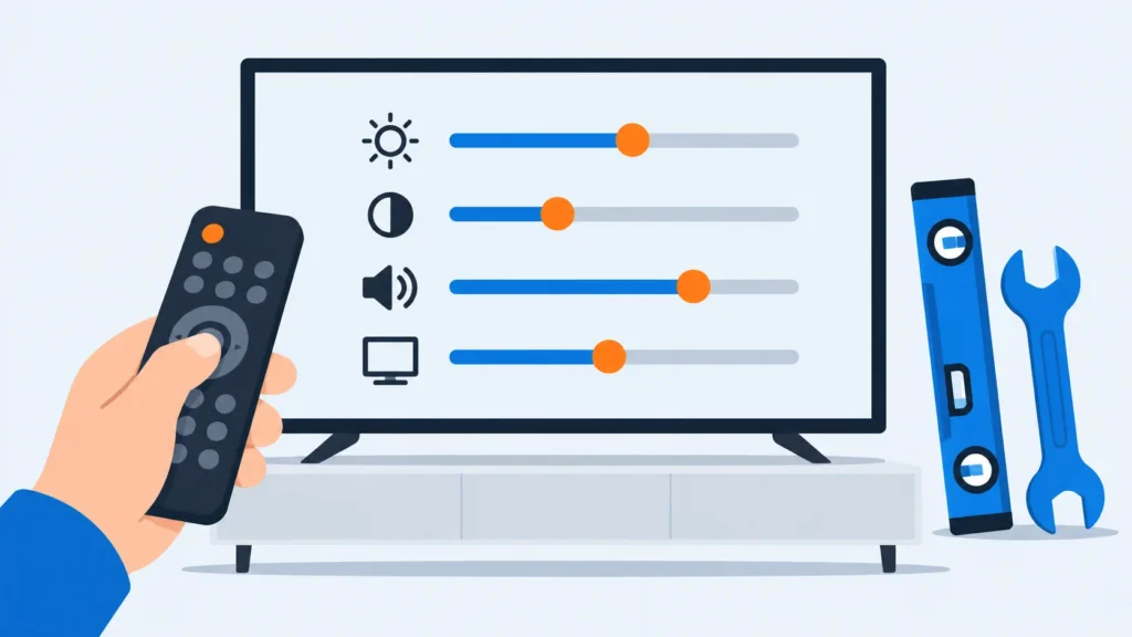 Illustration: Fernseher mit Einstellungsmenü, Fernbedienung und Werkzeug für die Montage