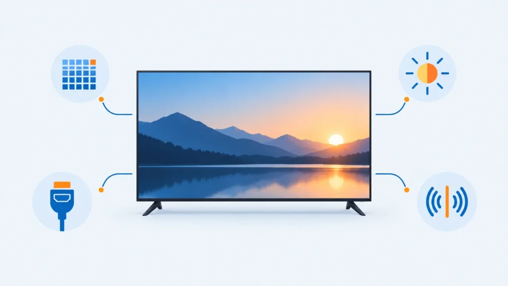 Illustration: 4K-Fernseher mit Symbolen für Bildschirmtechnik, HDR, Anschlüsse und Ton